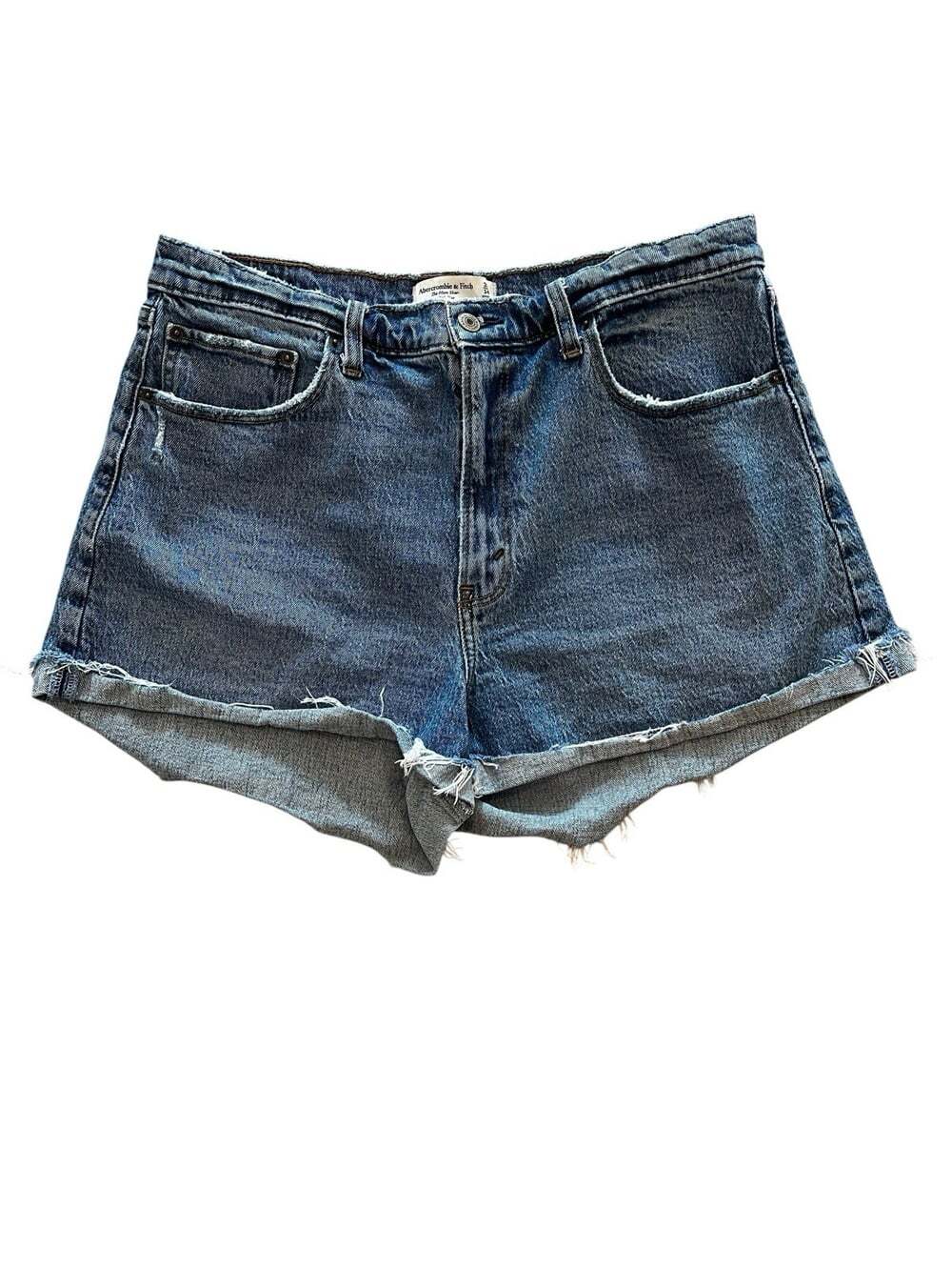 Abercrombie & Fitch High-Rise Distressed Dark Denim Mom Jean Shorts- 32/14